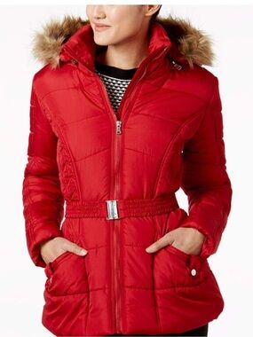 Rampage Red Quilted Belted Puffer Coat with Faux Fur Trim. Size M